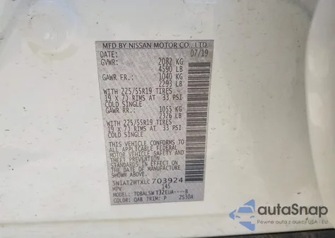 2020 Nissan Rogue Sl Fwd z USA, uszkodzony, nr VIN 5N1AT2MTXLC703924